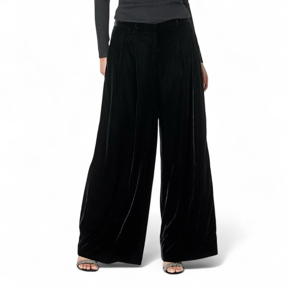 NWT Designer Theory Black Drape Velvet Low Rise Pleated Wide Leg Trouser Pant 14 - Picture 3 of 8